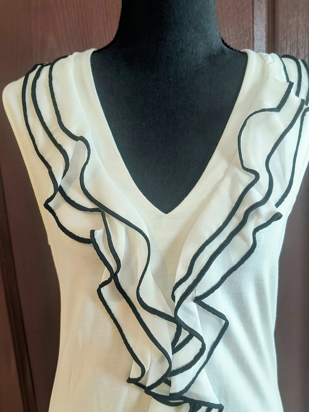 White V-Neck Ruffle Trim Sleeveless Top